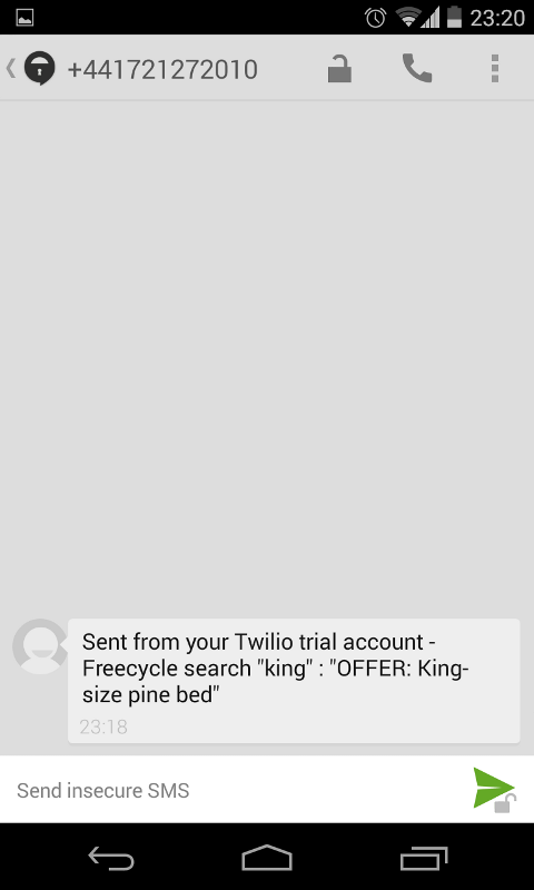 SMS alert received from a Freecycle email